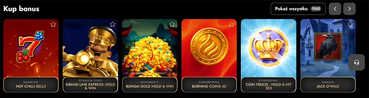 Polish casino lobby section titled “Kup bonus” showing a horizontal carousel of bonus-buy slots: Hot Chilli Bells, Grand Link Express: Hold & Win, Bonsai Gold Hold & Win, Burning Coins 40, Coin Freeze – Hold & Hit 3x3, and Jack O’Wild, with a “Pokaż wszystko (1965)” button and navigation arrows.