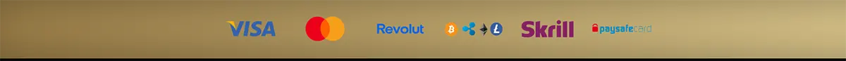 Row of payment method logos including Visa, Mastercard, Revolut, cryptocurrency icons (Bitcoin, Ethereum, Litecoin), Skrill, and Paysafecard on a gold gradient background.