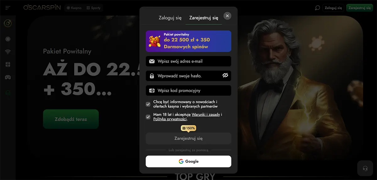 Polish casino sign-up popup showing a welcome package banner (up to 22,500 PLN + 350 free spins), fields for email, password and promo code, consent checkboxes, a “Register” button, and Google sign-in, over a dark casino background with a gold-suited man holding a trophy.